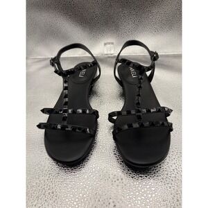 Vaneli Black Studded Caged Strappy Sandals Womens 7.5 N Narrow Flat Buckle
